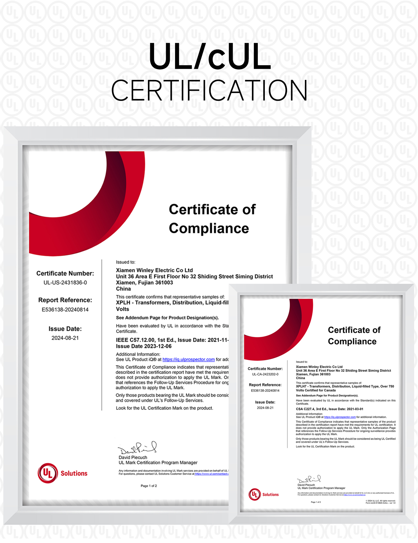 Three phase pad mounted transformers with UL and cUL certifications from Winley Electric
