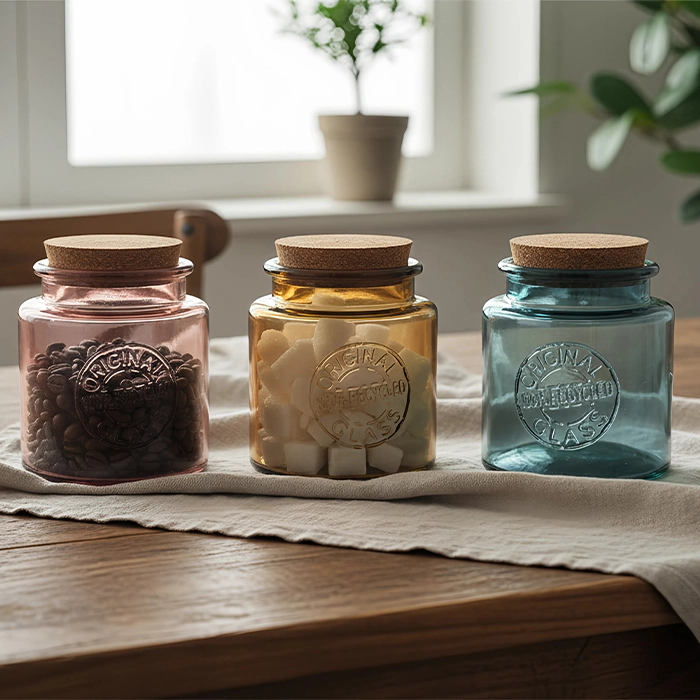 Three colored recycled glass jars from LAKOTTO
