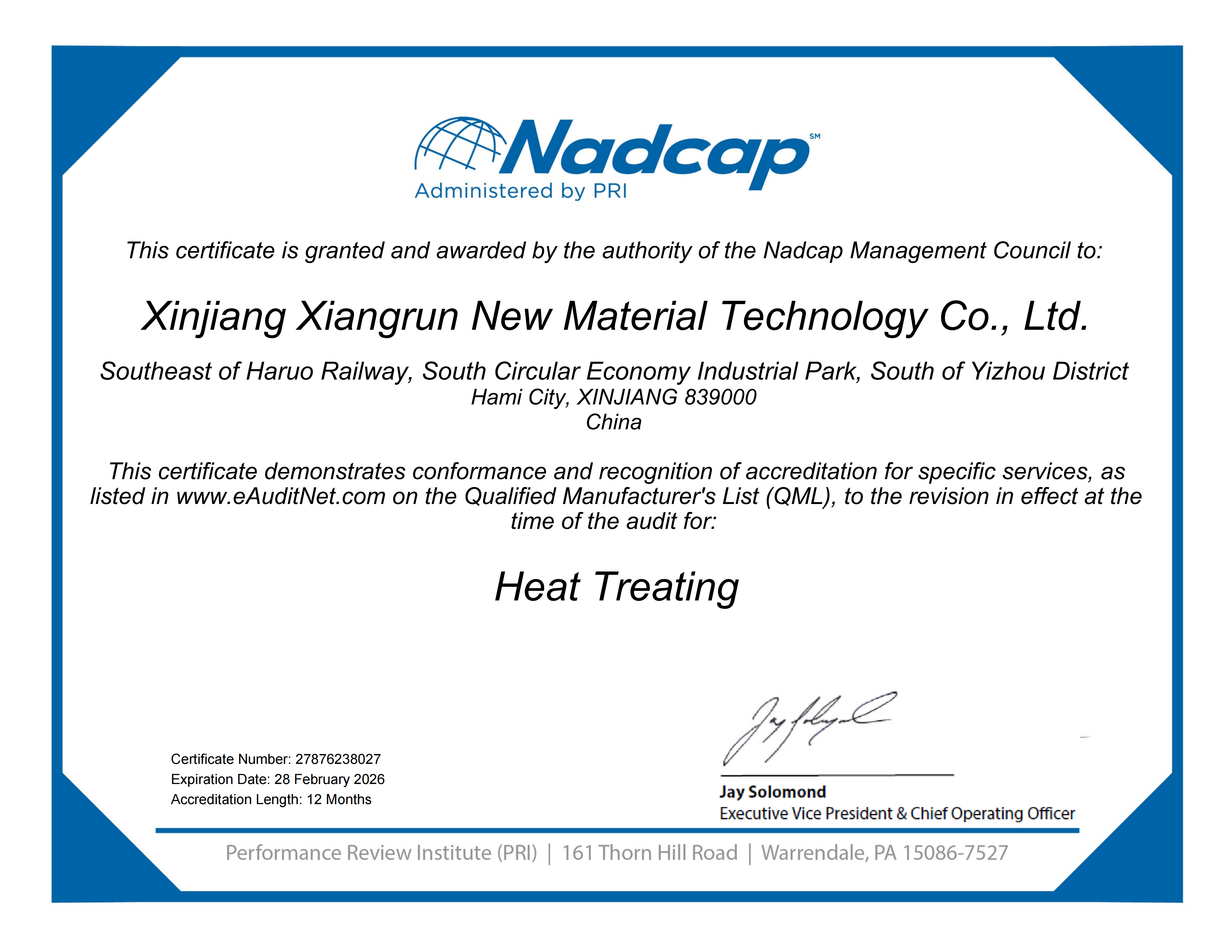 Nadcap Aerospace Heat Treating Certificate