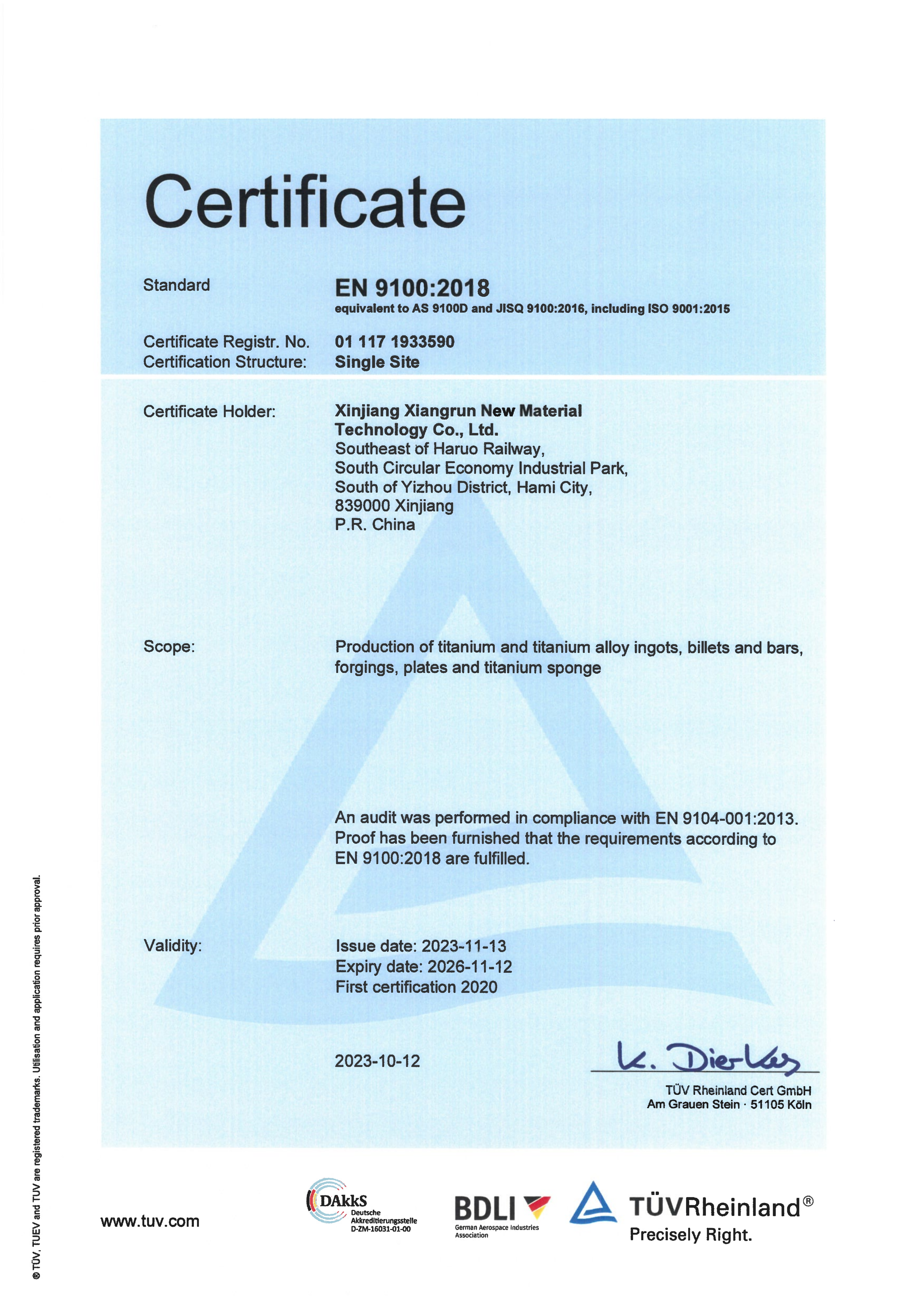 Xrun EN9100 Certification