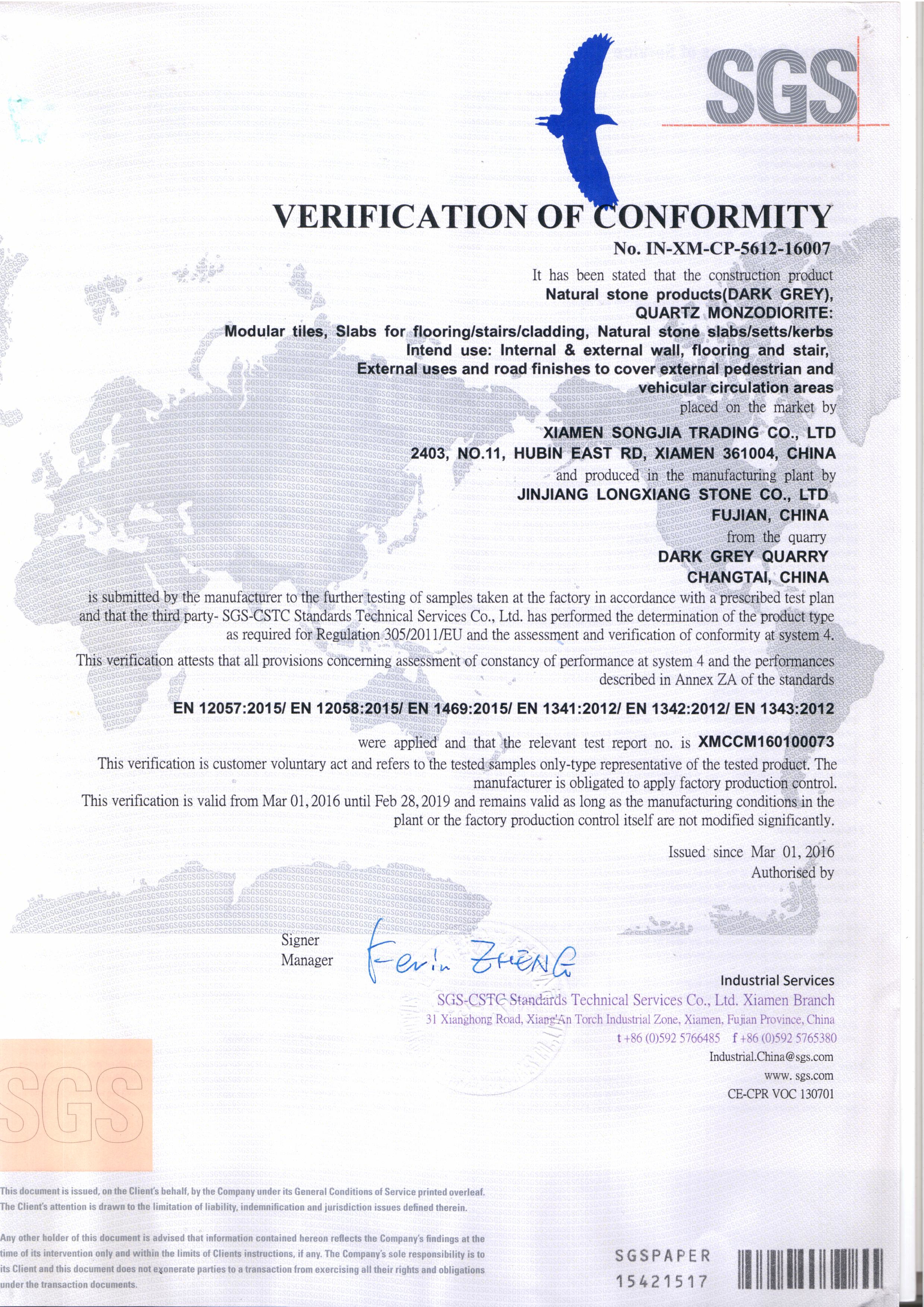 SGS CE Certificate for G654 Granite