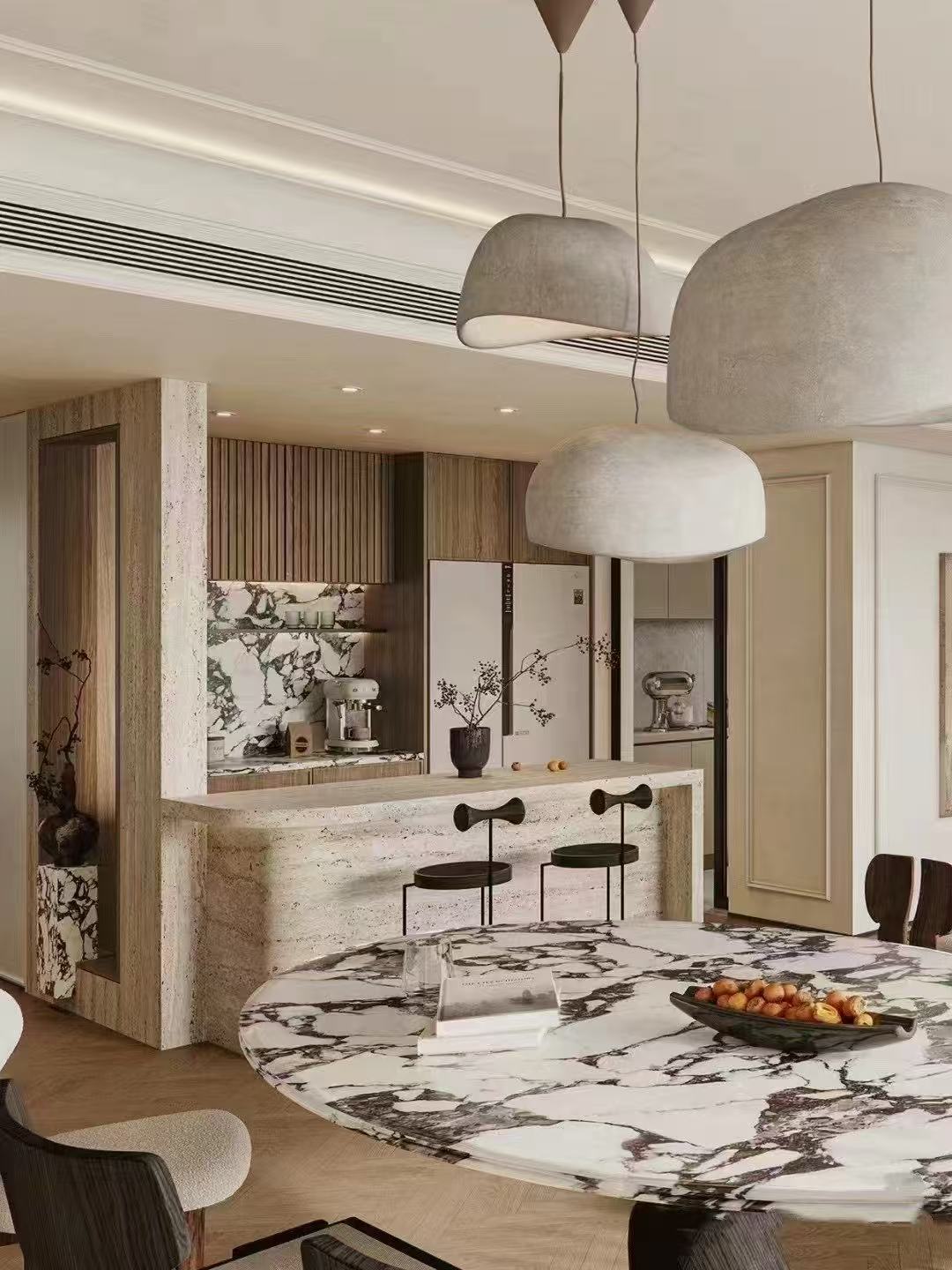 Bulgari Purple marble table and wall cladding in a commercial setting