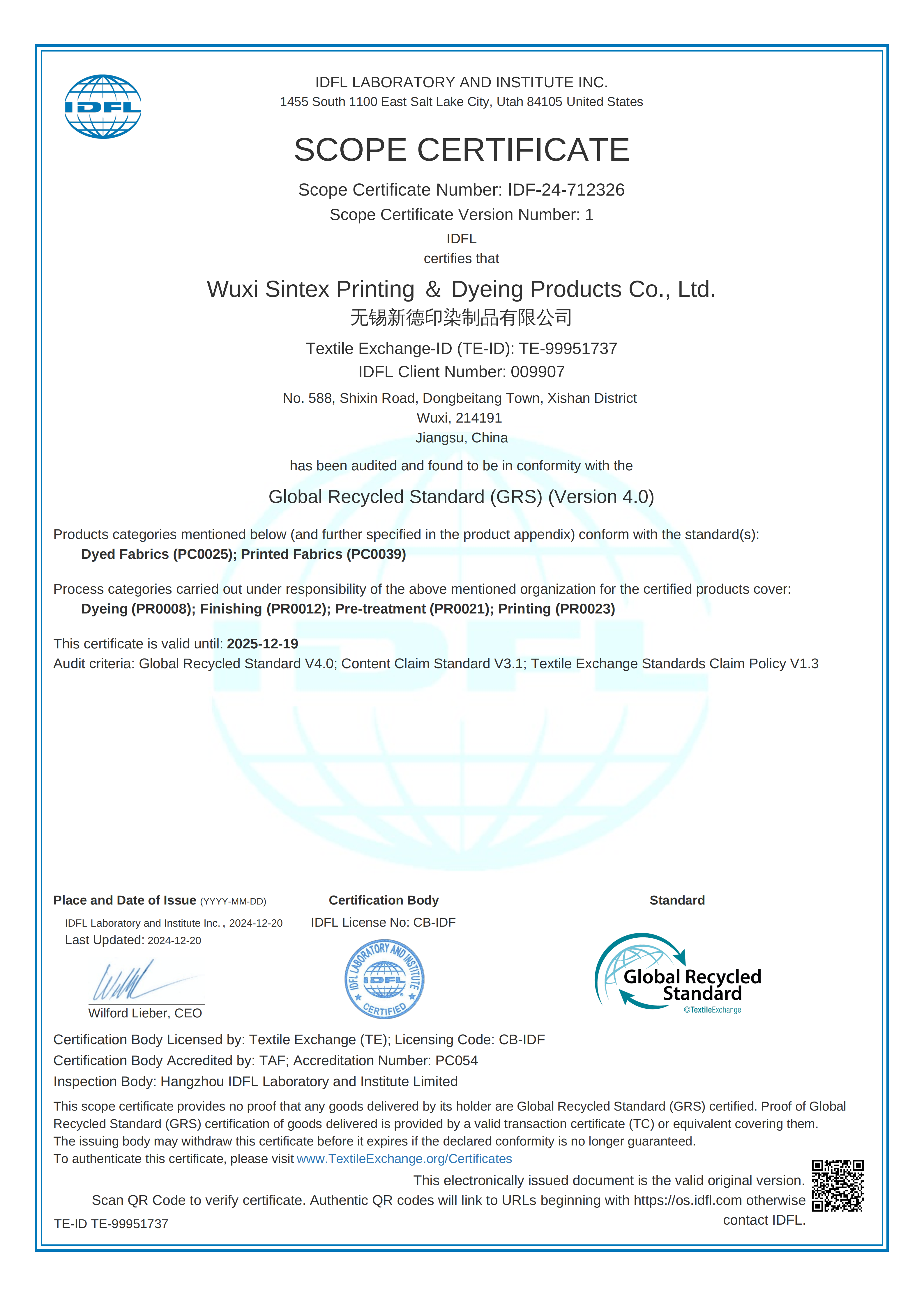 GRS Certificate CODE TEXTILES