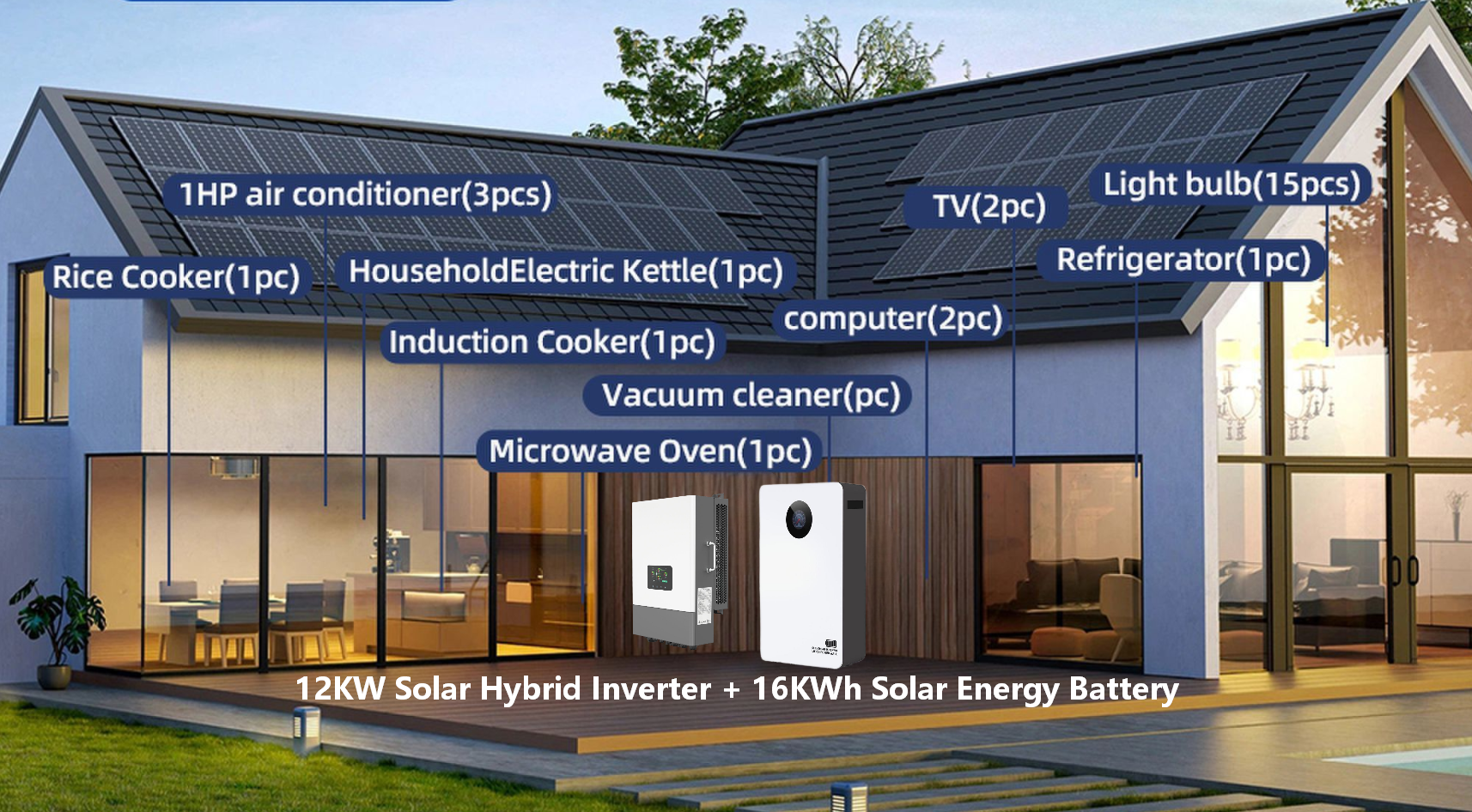 12KW hybrid inverter paired with 16KWh battery storage for villa rooftop solar PV system, reducing grid electricity consumption.