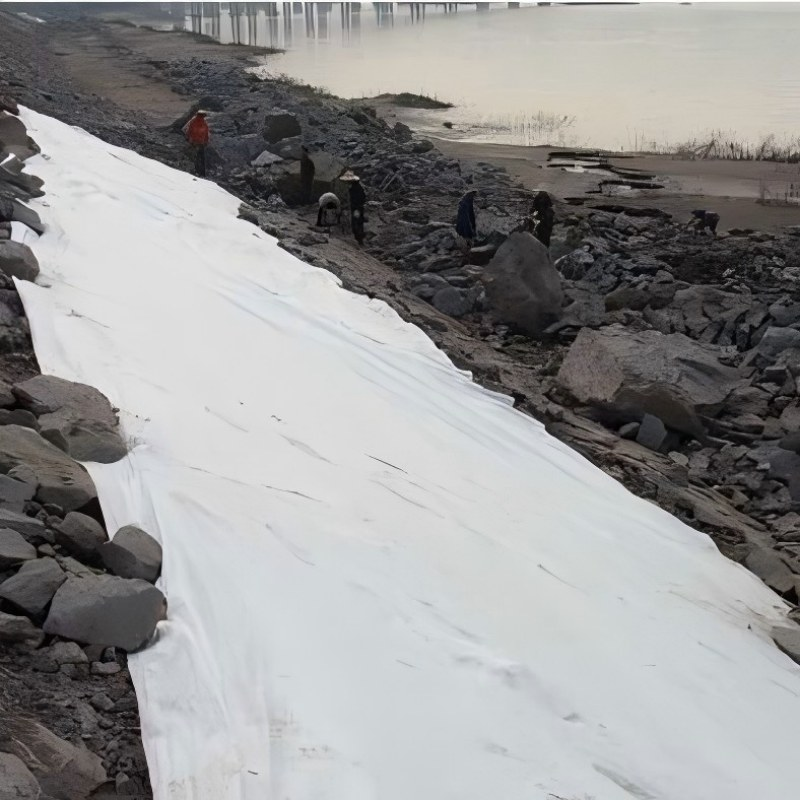 Laying of geotextile for riverbank protection