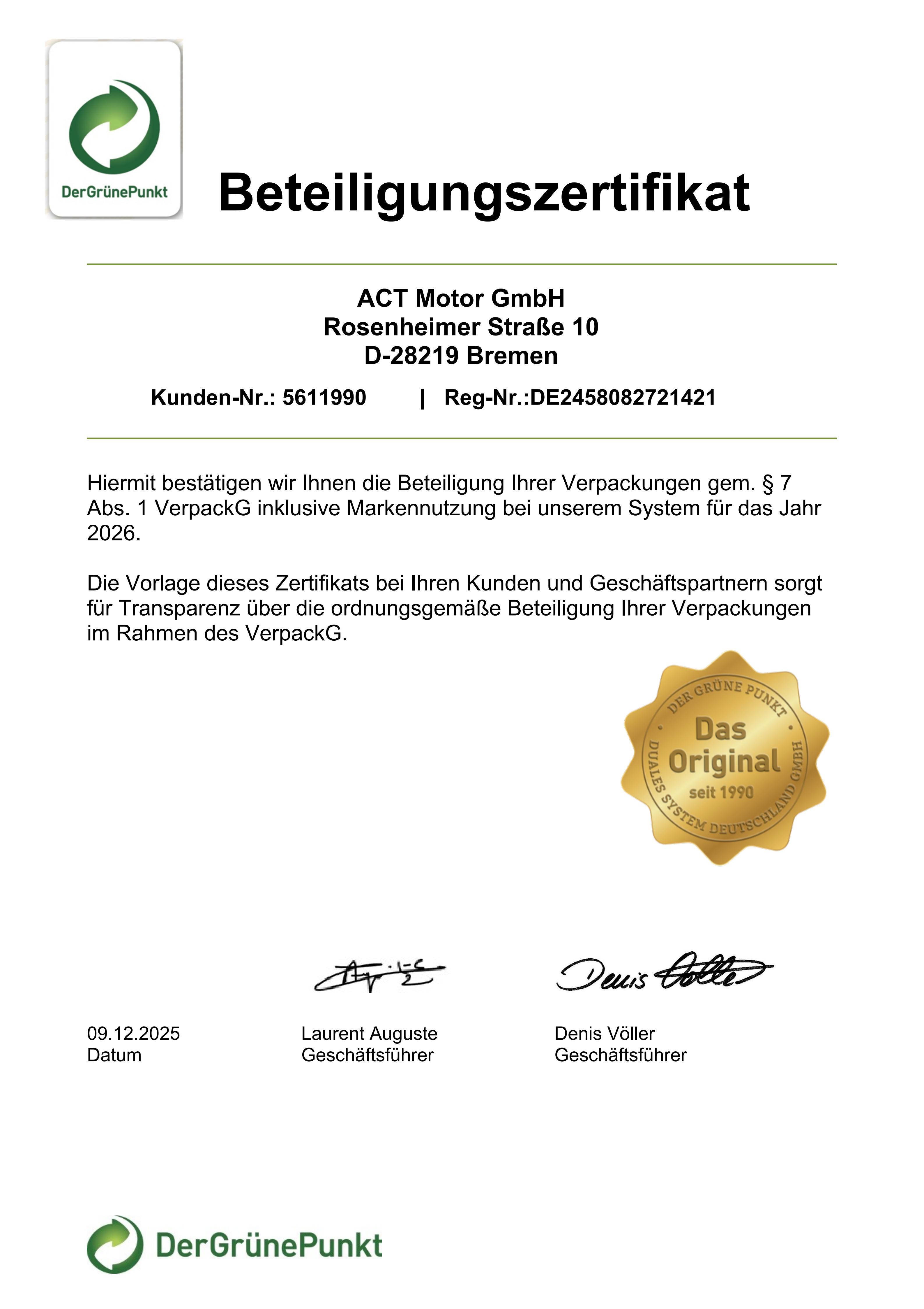 German Packaging Act Certificate