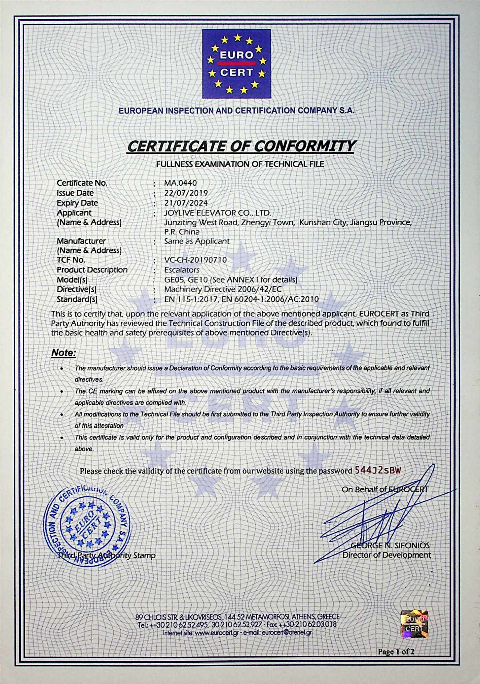 Joylive Escalator MA-0440 Certificate – VDI 4707