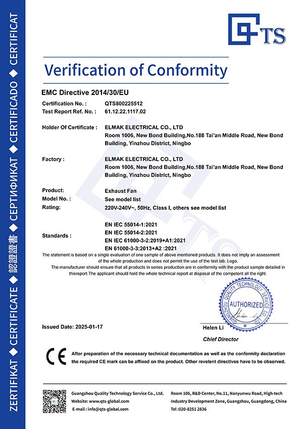 Exhaust Fan CE-EMC Certificate