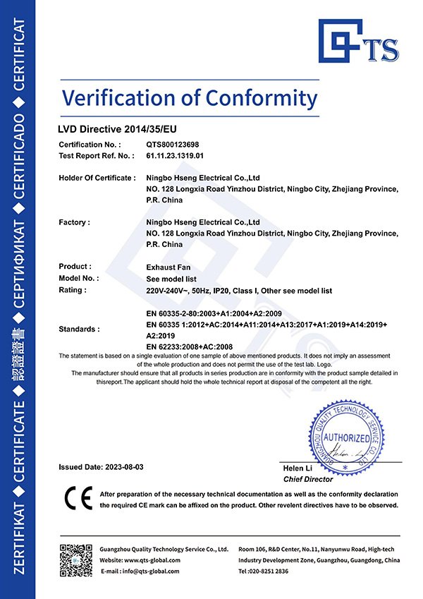 CE-LVD certificate for exhaust fan QTS800123698, verifying compliance with low voltage directive