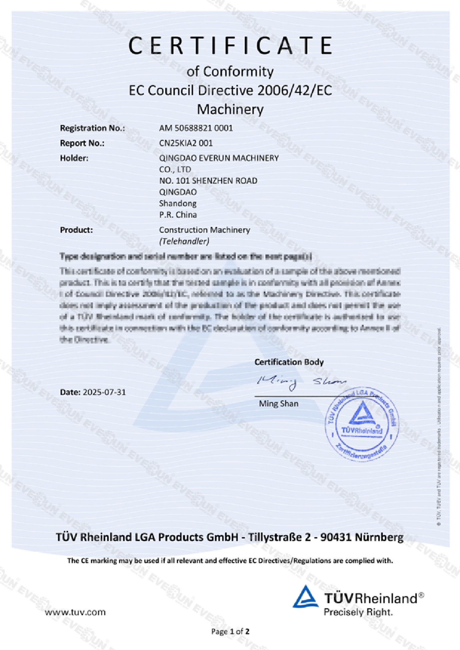 CE certificate for ERT1500 telescopic loader issued by TÜV