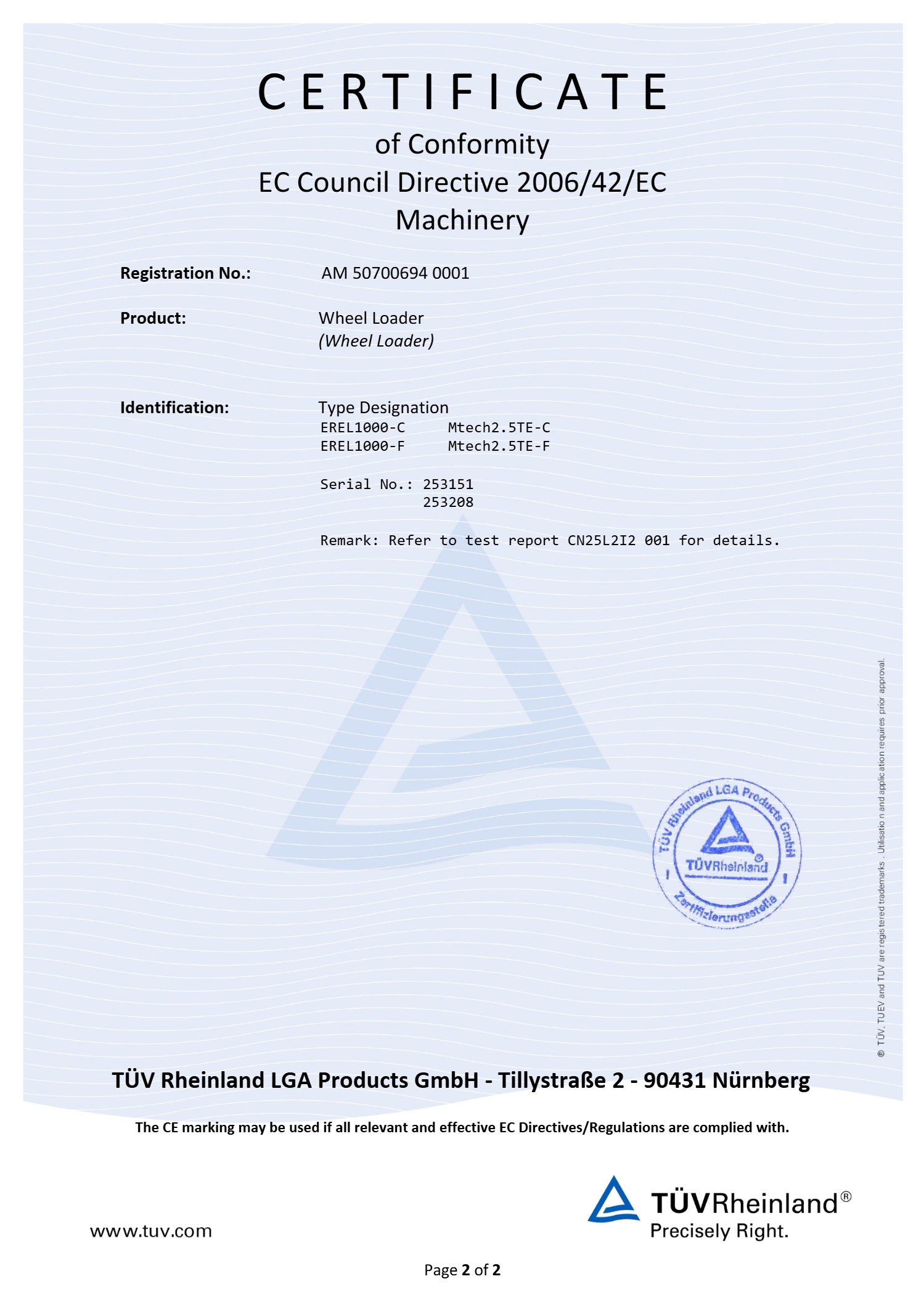 CE certificate for EREL1000 electric wheel loader