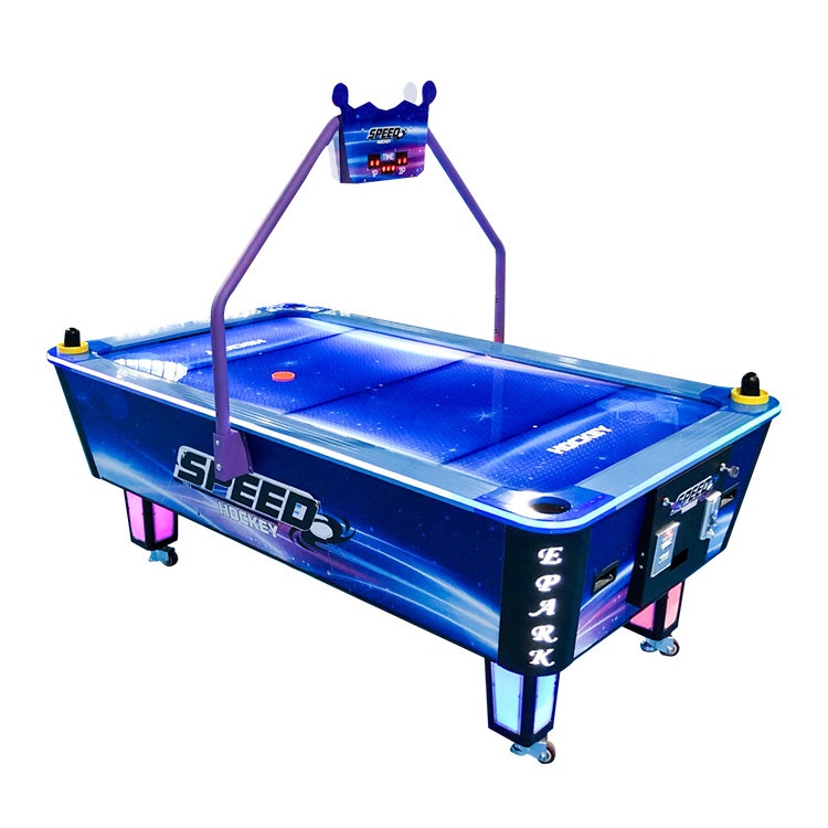 Curved air hockey table top view with mallets and puck