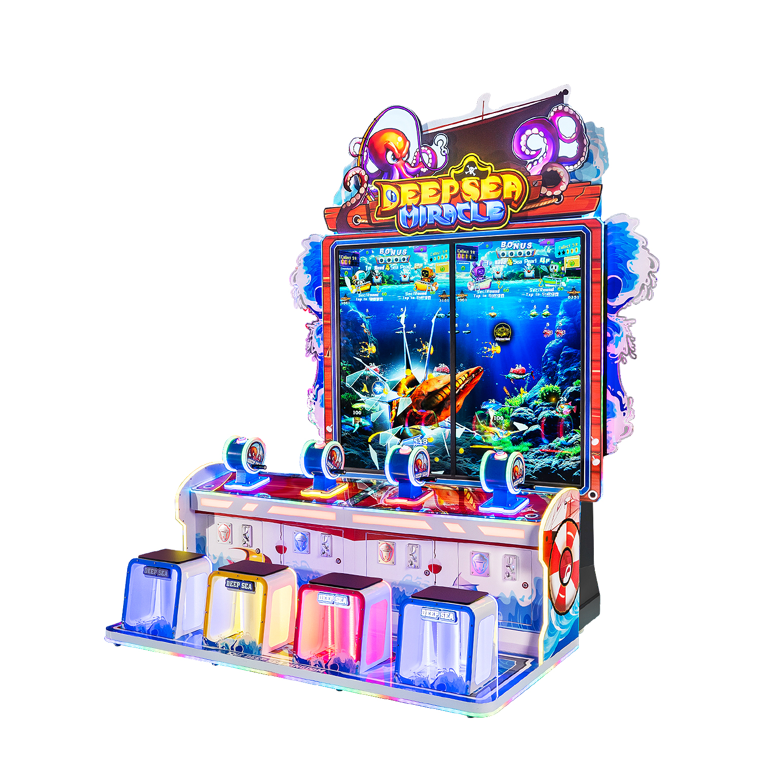 Four player ticket redemption cabinet with ticket payout system and LED lighting