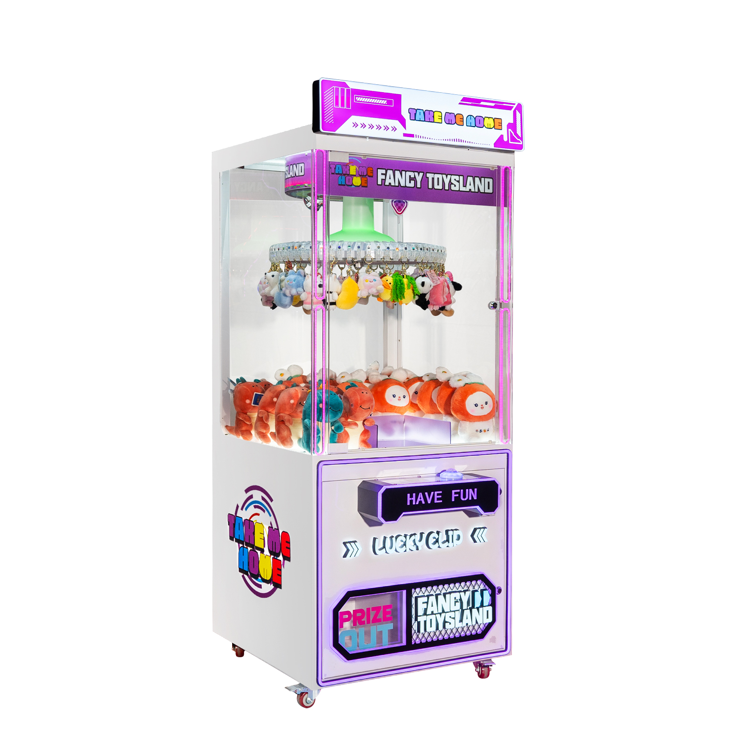 Claw machine with LED lighting and transparent prize cabinet for commercial venues