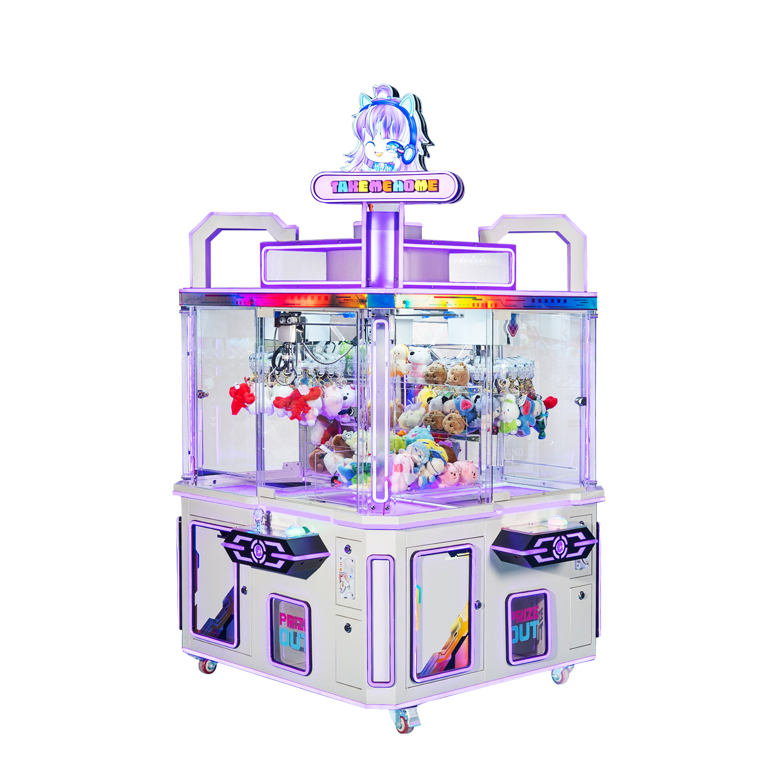 Multi-player claw machine cabinets configured for arcade game center floor plans