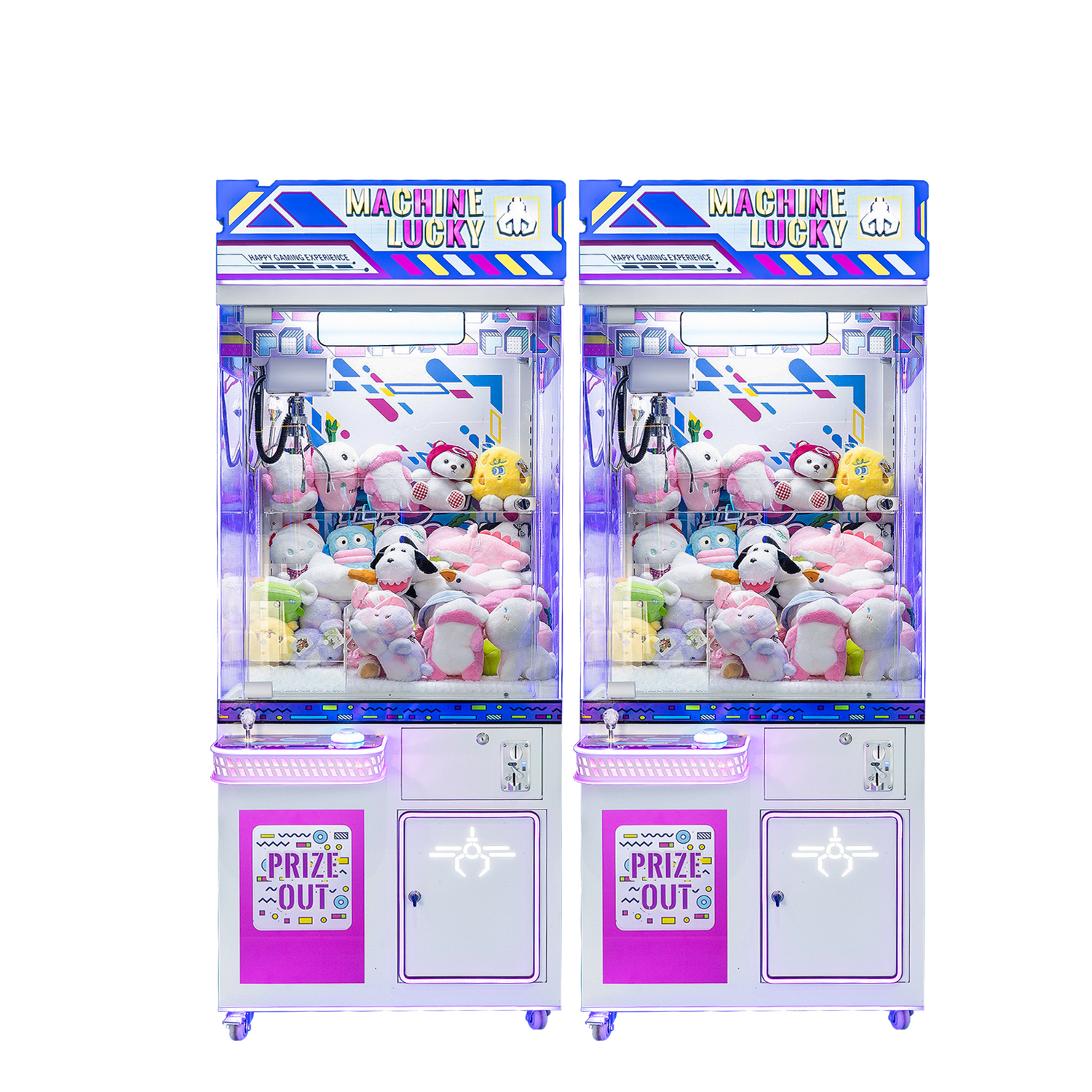Commercial claw machine cabinet with LED lighting and transparent prize display, used as a high-traffic edge unit on a mixed-use entertainment floor