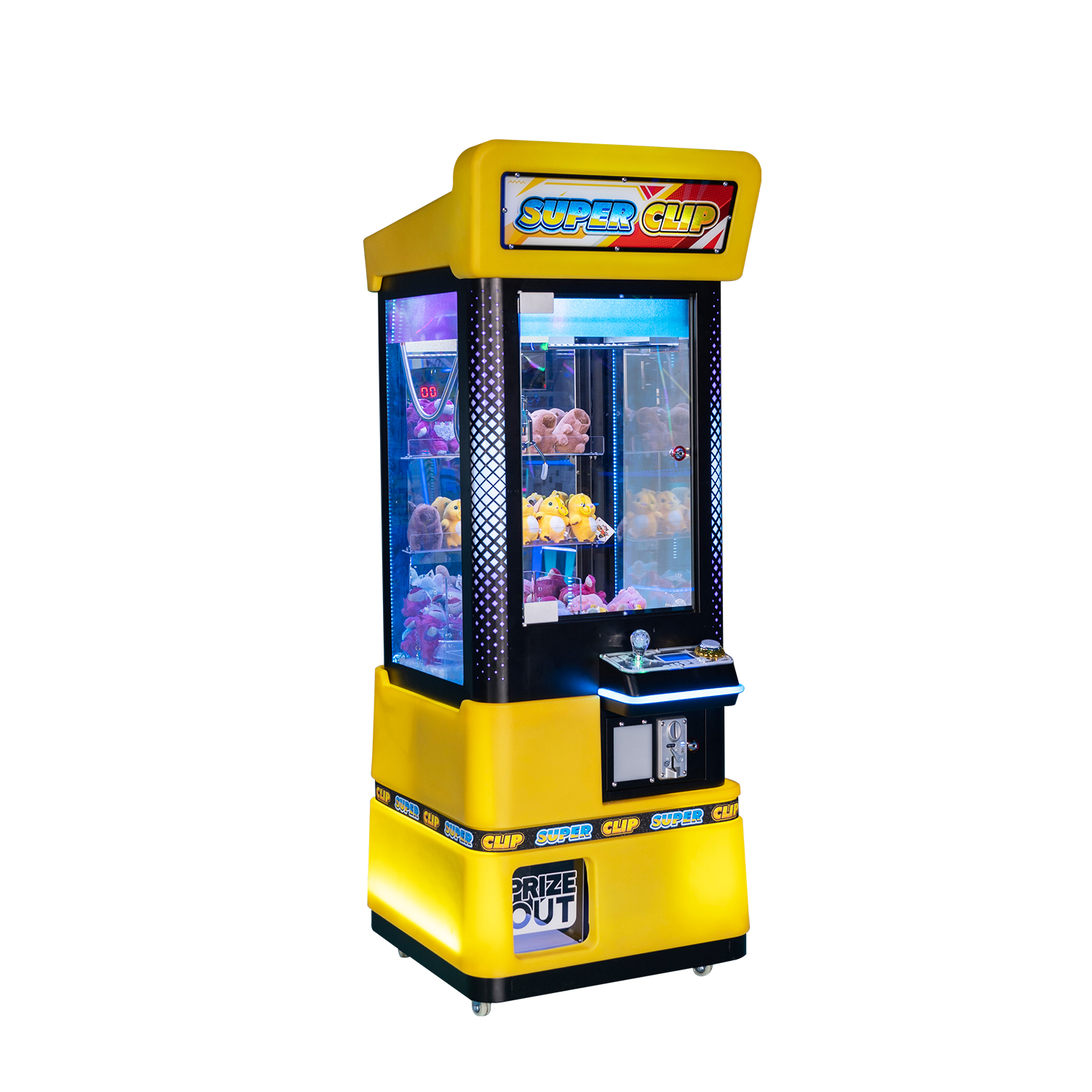 Claw machine in a busy arcade setting with lit cabinet