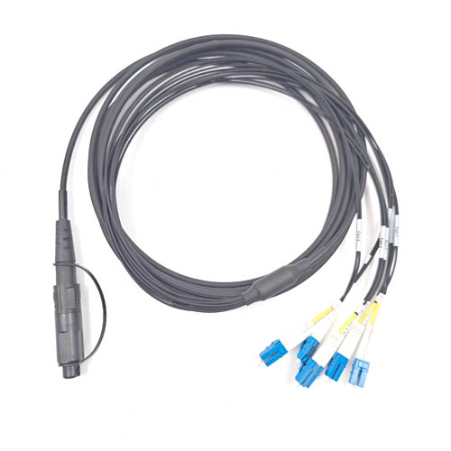 FTTA fiber optic cable deployed on a 5G base station tower showing outdoor waterproof connector