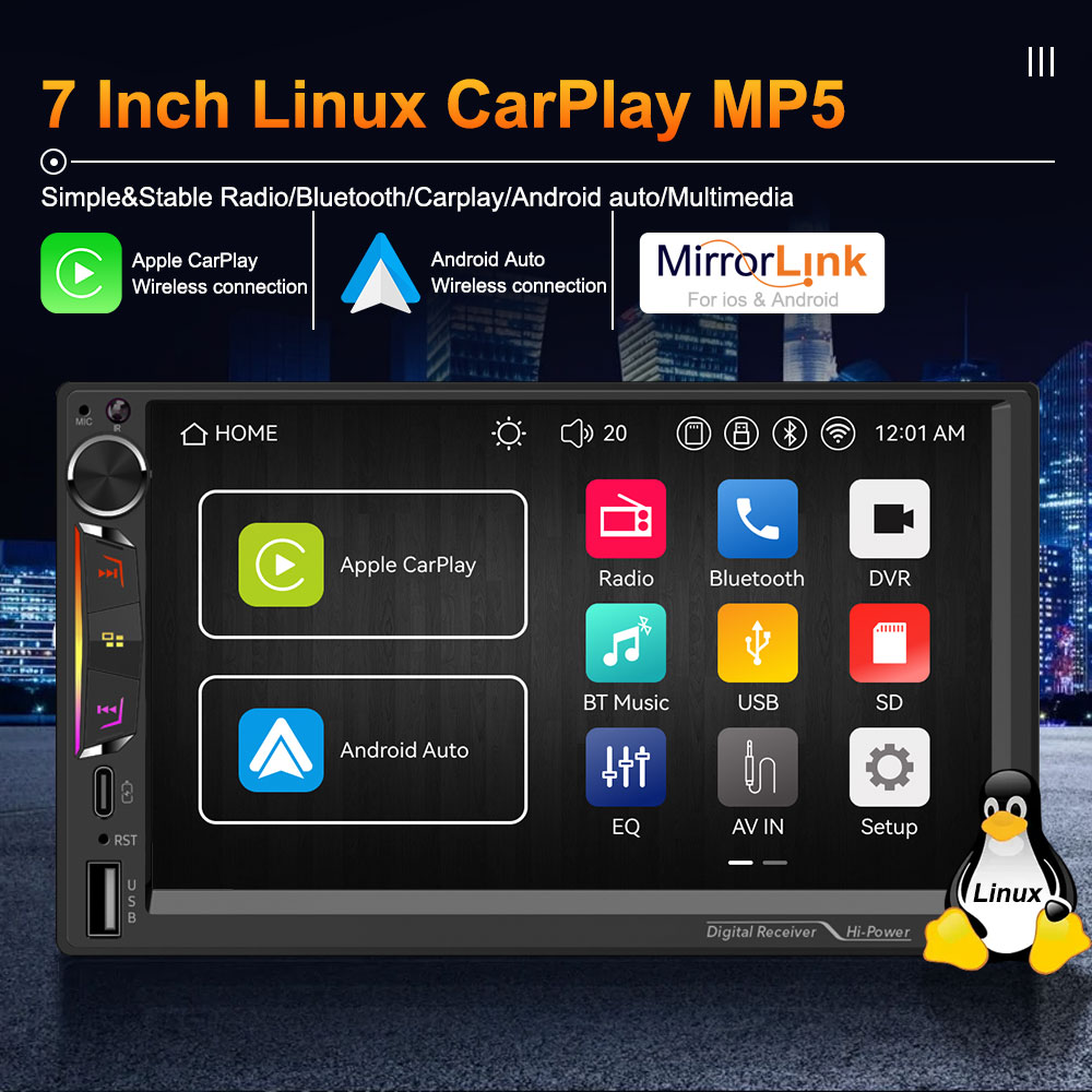 TN-9359 7 inch Linux car radio front view with 1024x600 screen