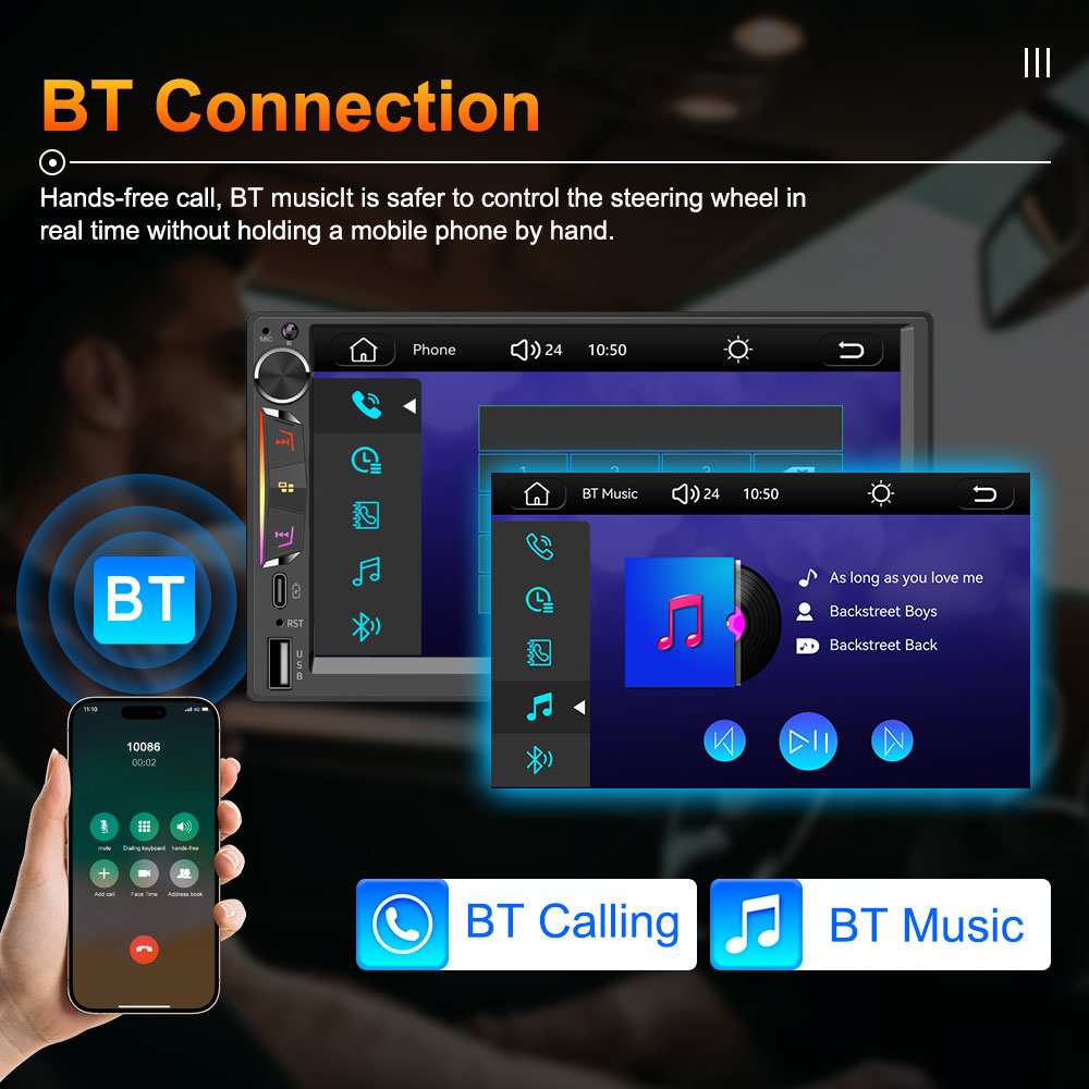 TN-9359 7 inch QHD car player showing Bluetooth connection and steering wheel control