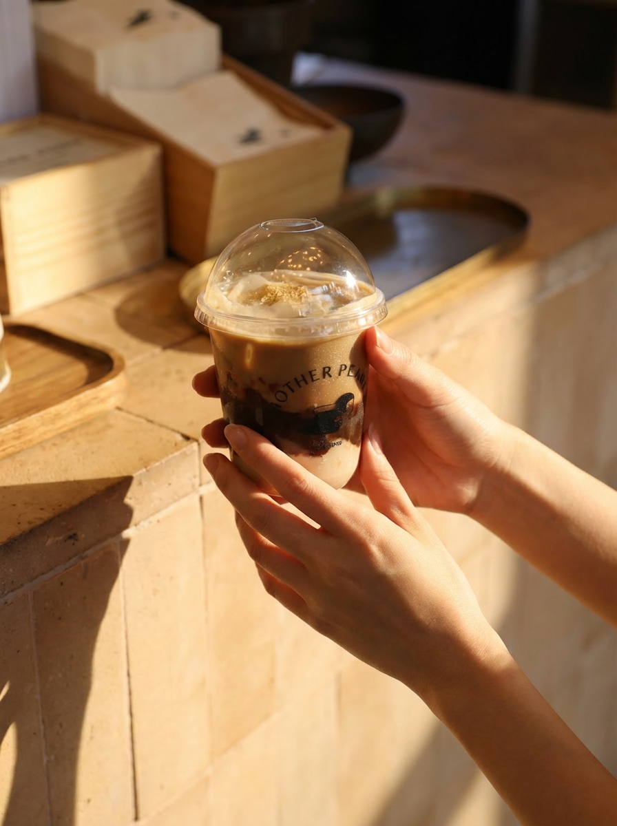 Refined sugar-free hojicha bubble tea Nut and Smoke served in the daytime Grab and Go mode
