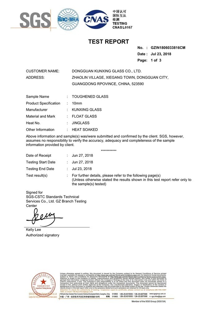 SGS Test Report for 10mm Heat Soaked Toughened Glass