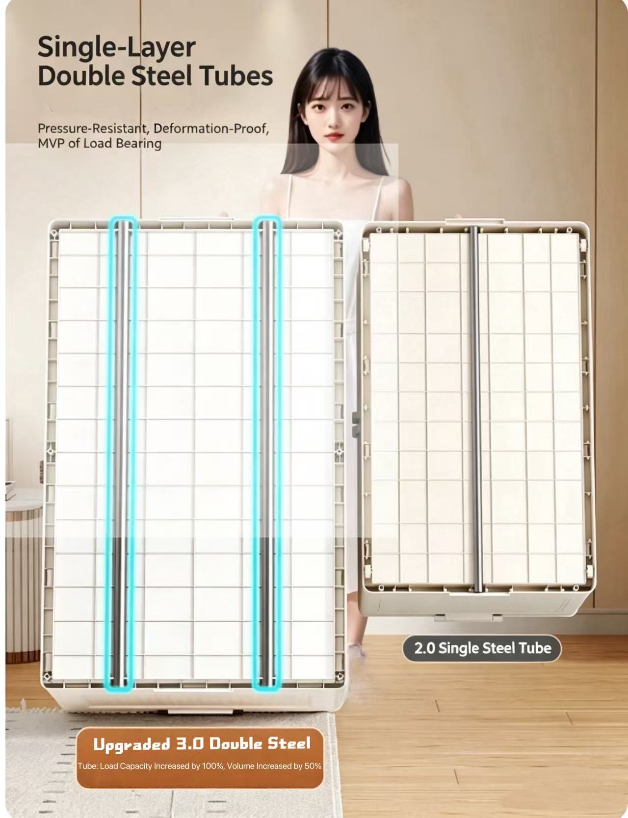 Comparison of a double steel tube 3.0 foldable storage box with a single steel tube 2.0 version