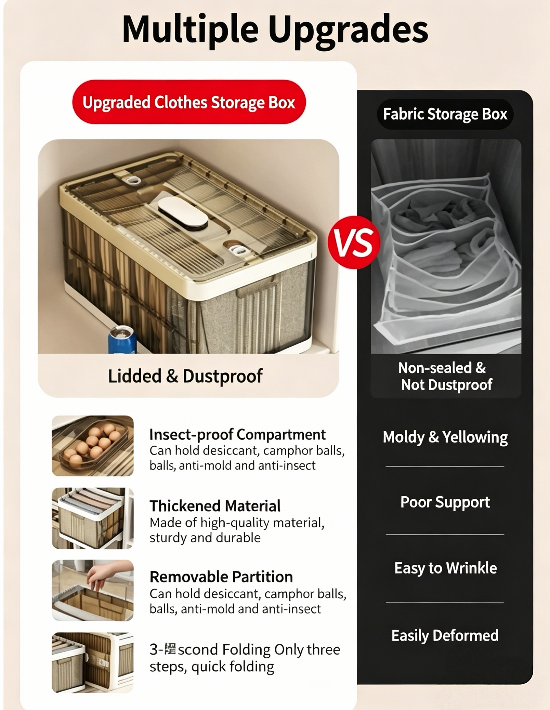 Comparison of an upgraded hard-shell plastic clothes storage box with a traditional fabric storage box