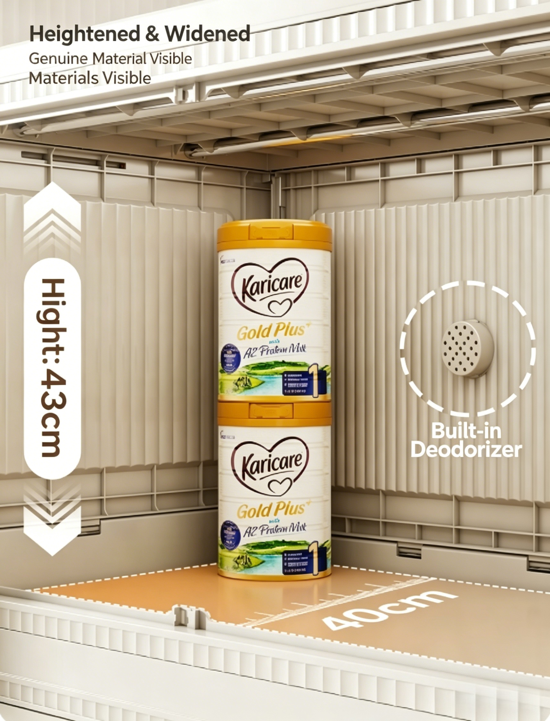 Extra-tall extra-wide stackable storage organizer with a built-in odor-absorbing box