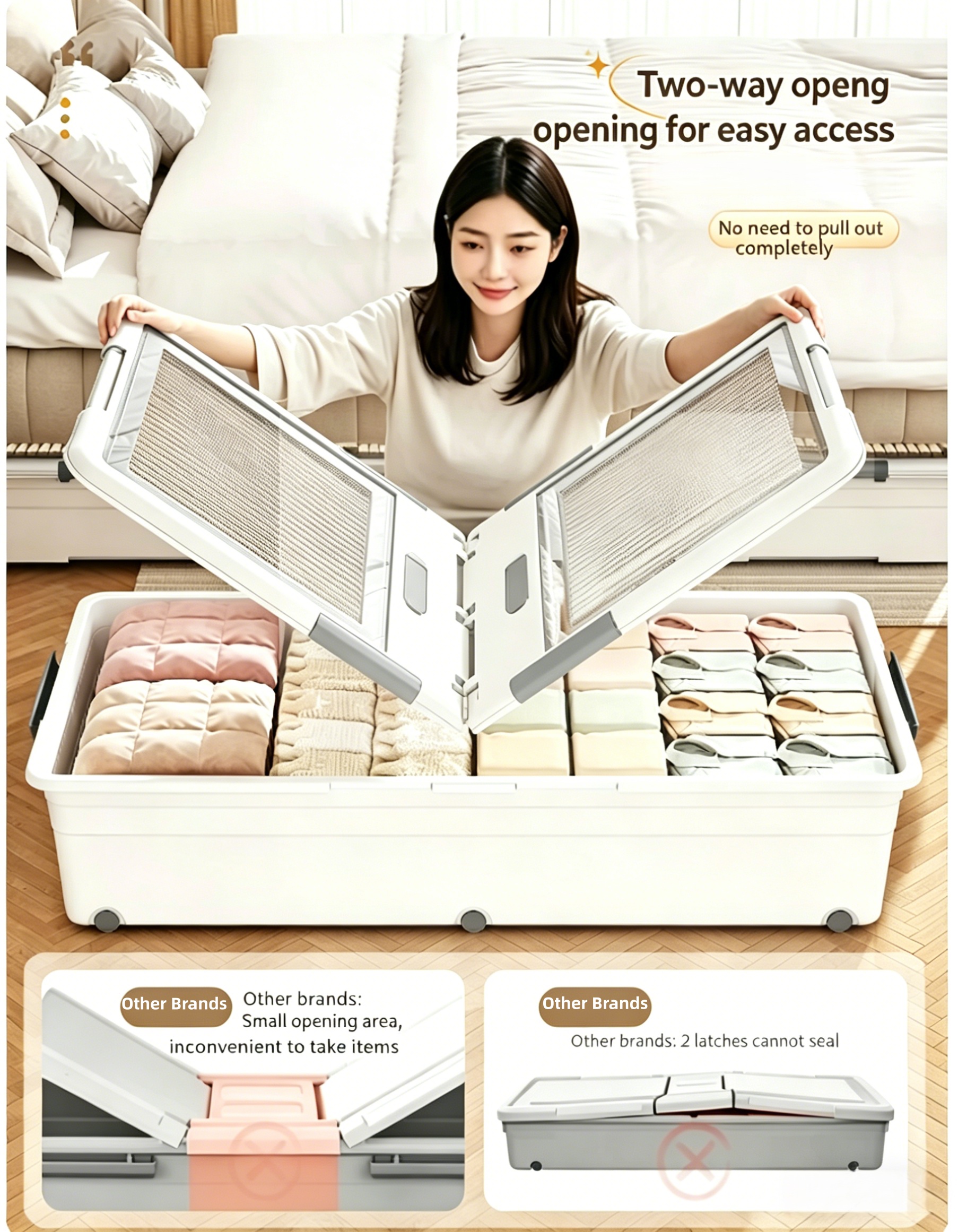 Dual-opening under-bed storage box with side latches, shown open from two directions for clothes and quilt storage