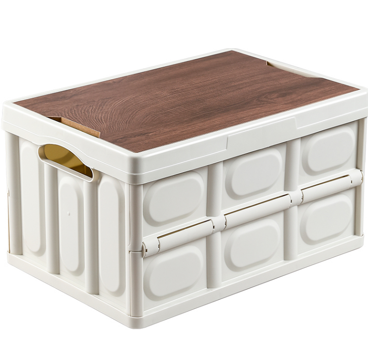 Close‑up view of the foldable storage box showing its wooden top and plastic body structure