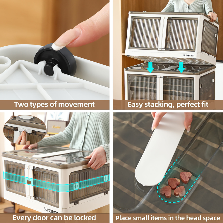 It has lockable doors, movable wheels and a small top storage area