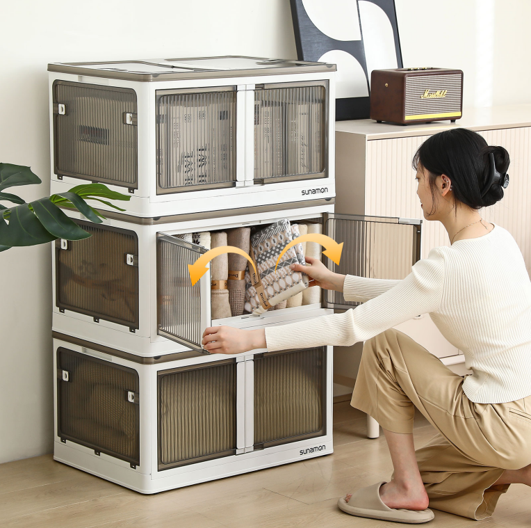 The foldable storage cabinet supports side‑opening for daily use