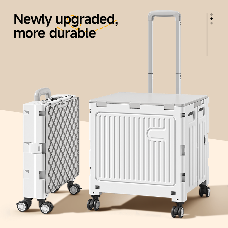 Newly upgraded durable trolley showing unfolded and compact folded forms.