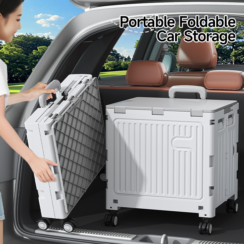 Compact foldable cart for convenient car trunk storage and outdoor travel.