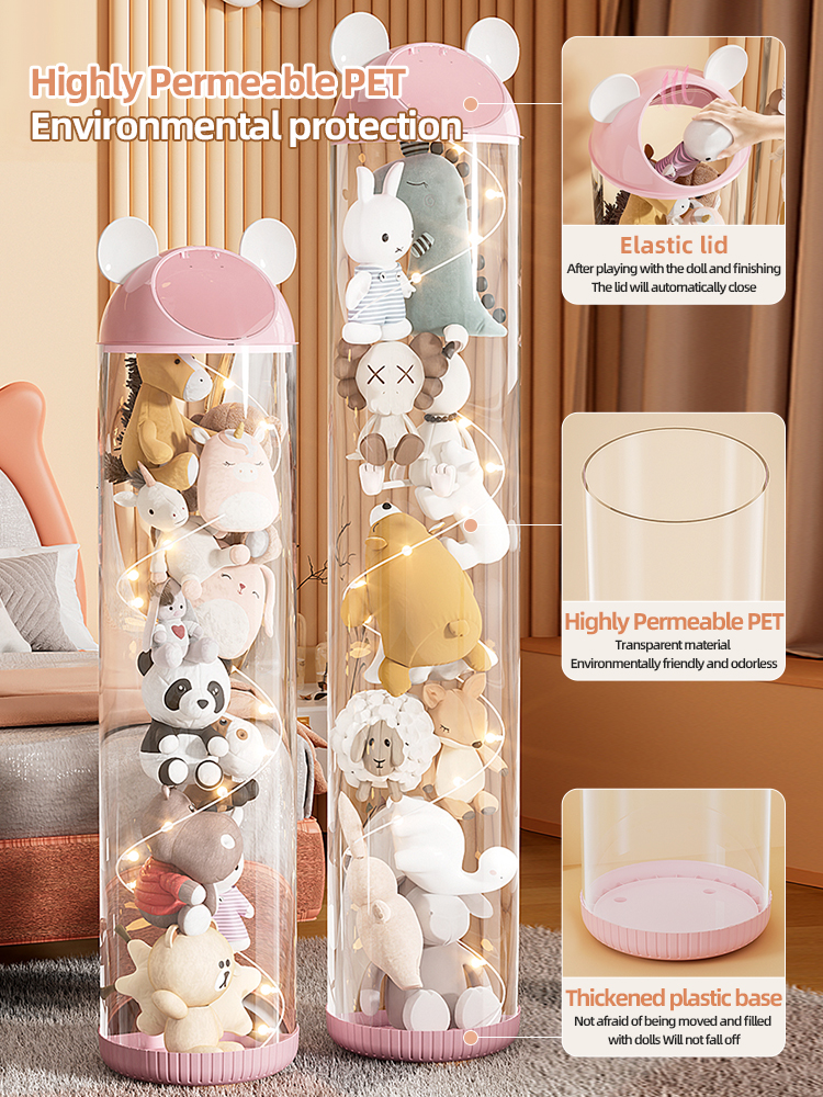 This toy storage bucket is made of odor‑free high‑permeability PET material, fitted with an elastic self‑closing lid and thickened plastic base for stable placement, supporting DIY string light decoration.