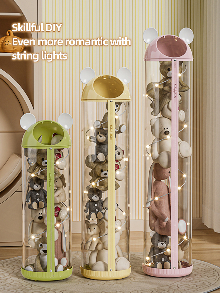 This multi‑size plush doll storage bucket supports DIY decoration with string lights, available in 4 soft colors to create warm and romantic home display scenes.