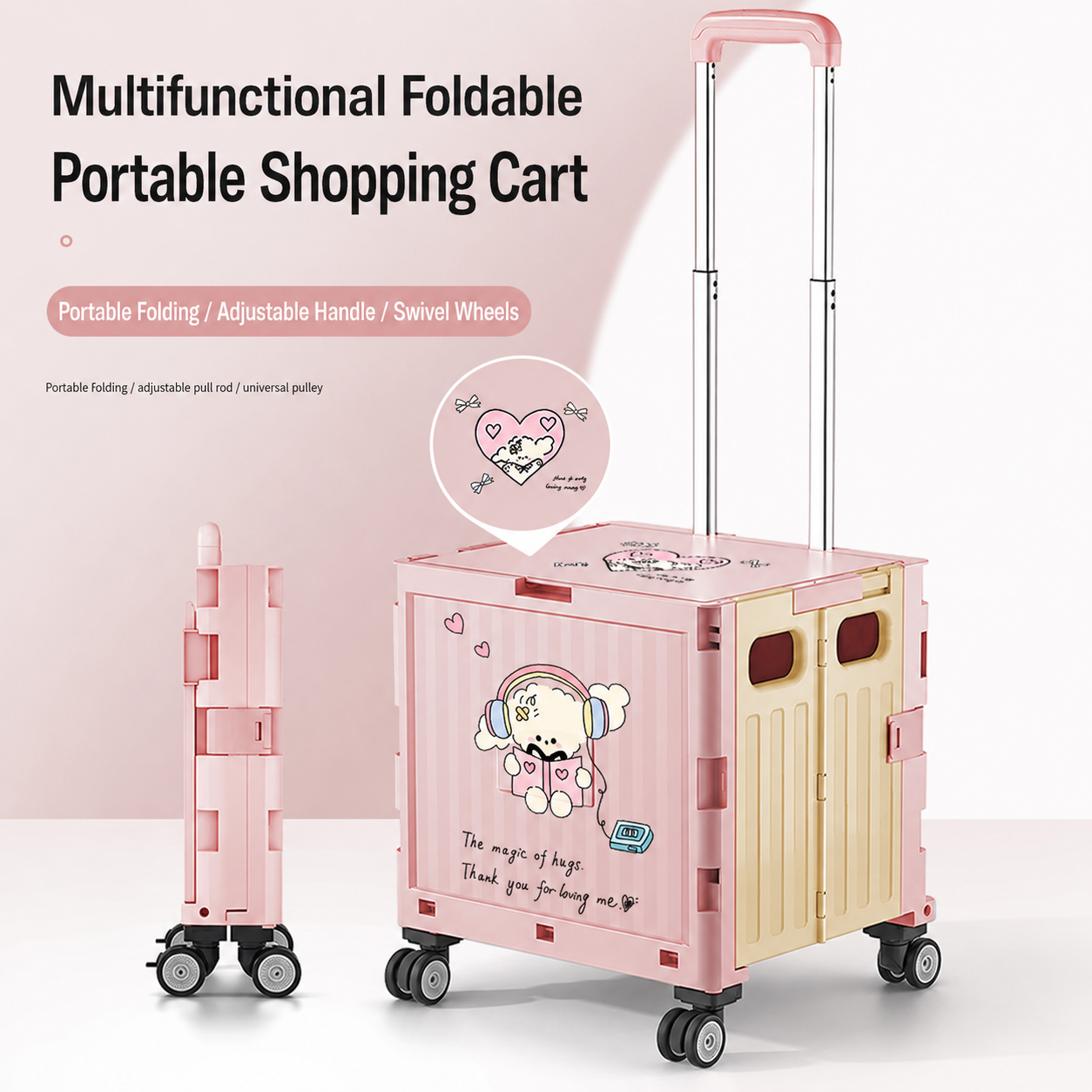 This multifunctional foldable shopping cart has an adjustable pull‑rod and swivel wheels, and can be folded compactly for easy portability.