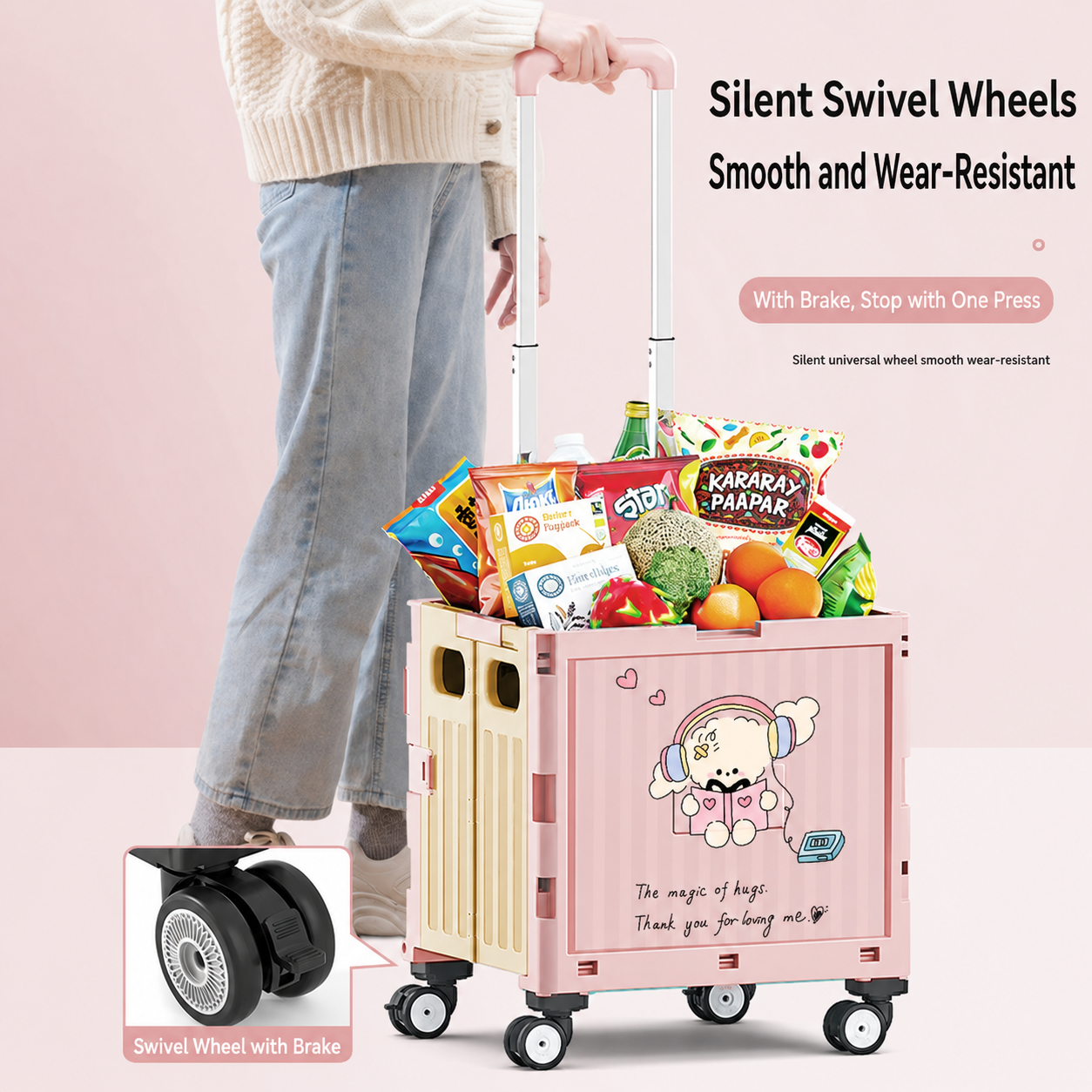 This shopping cart is equipped with silent, wear‑resistant swivel wheels with brakes for stable and smooth movement.