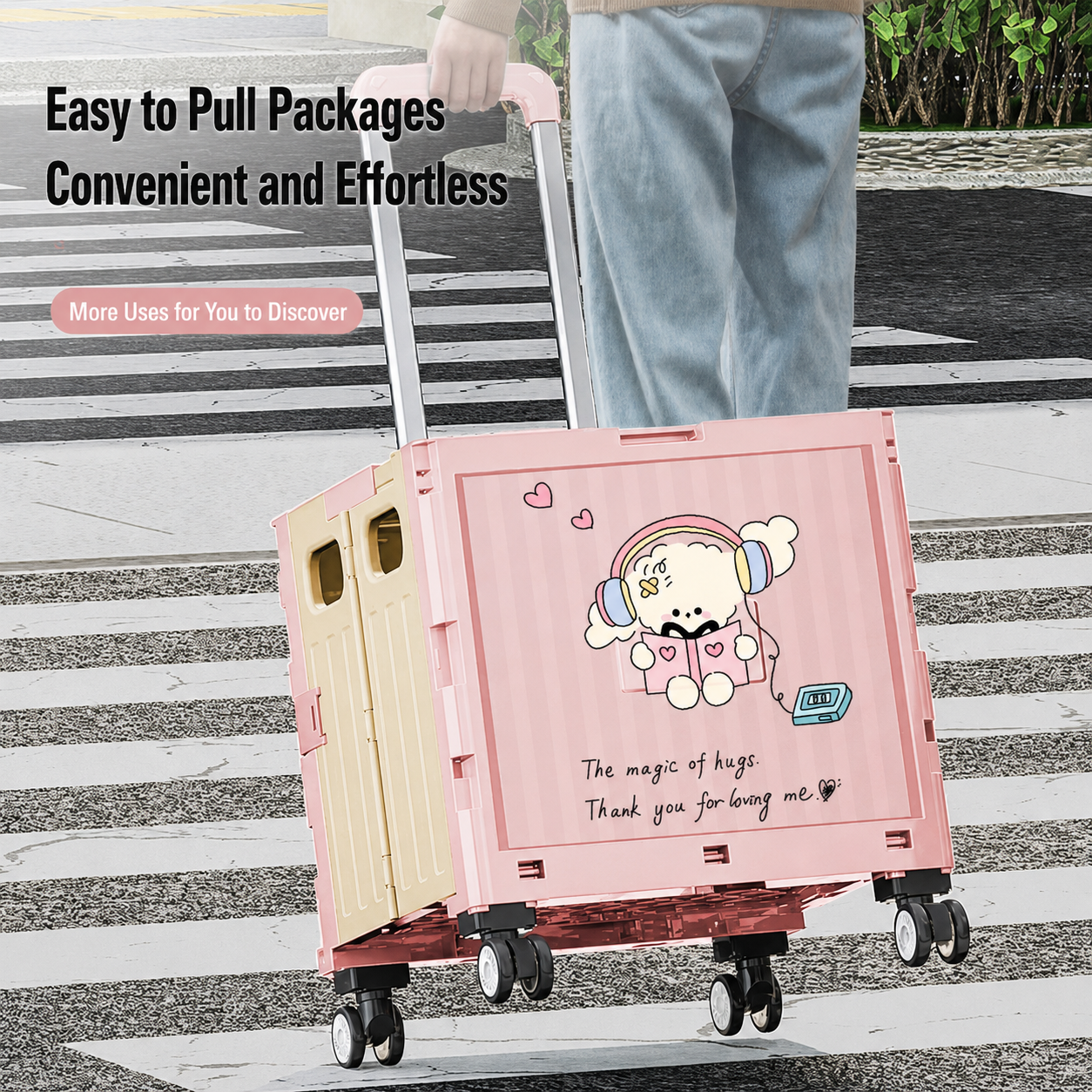 This foldable shopping cart is easy to pull, convenient and labor‑saving for carrying various packages outdoors.