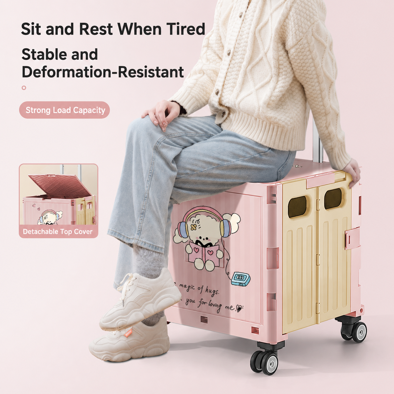 This sturdy shopping cart has strong load‑bearing capacity, is stable and deformation‑resistant, and allows users to sit and rest with its detachable top cover.