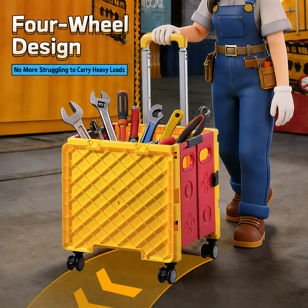 This foldable trolley with four‑wheel design can easily transport heavy goods.