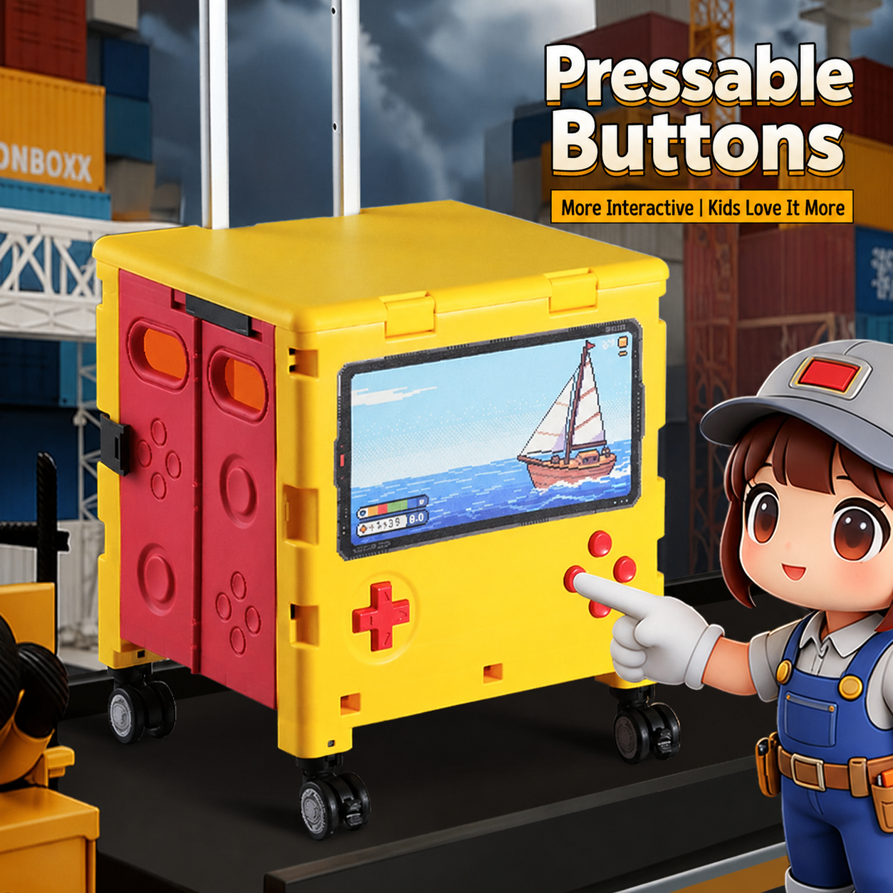 This cart is designed with pressable interactive buttons to bring more fun for kids.