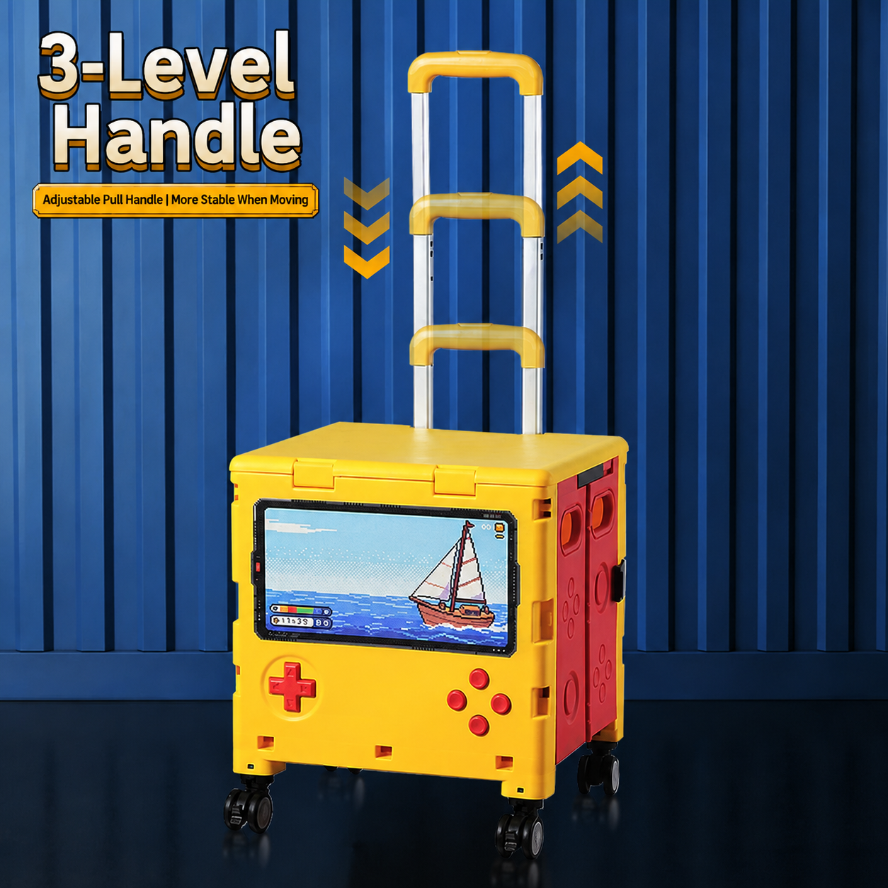 This shopping cart features a 3‑level adjustable pull handle for stable movement.