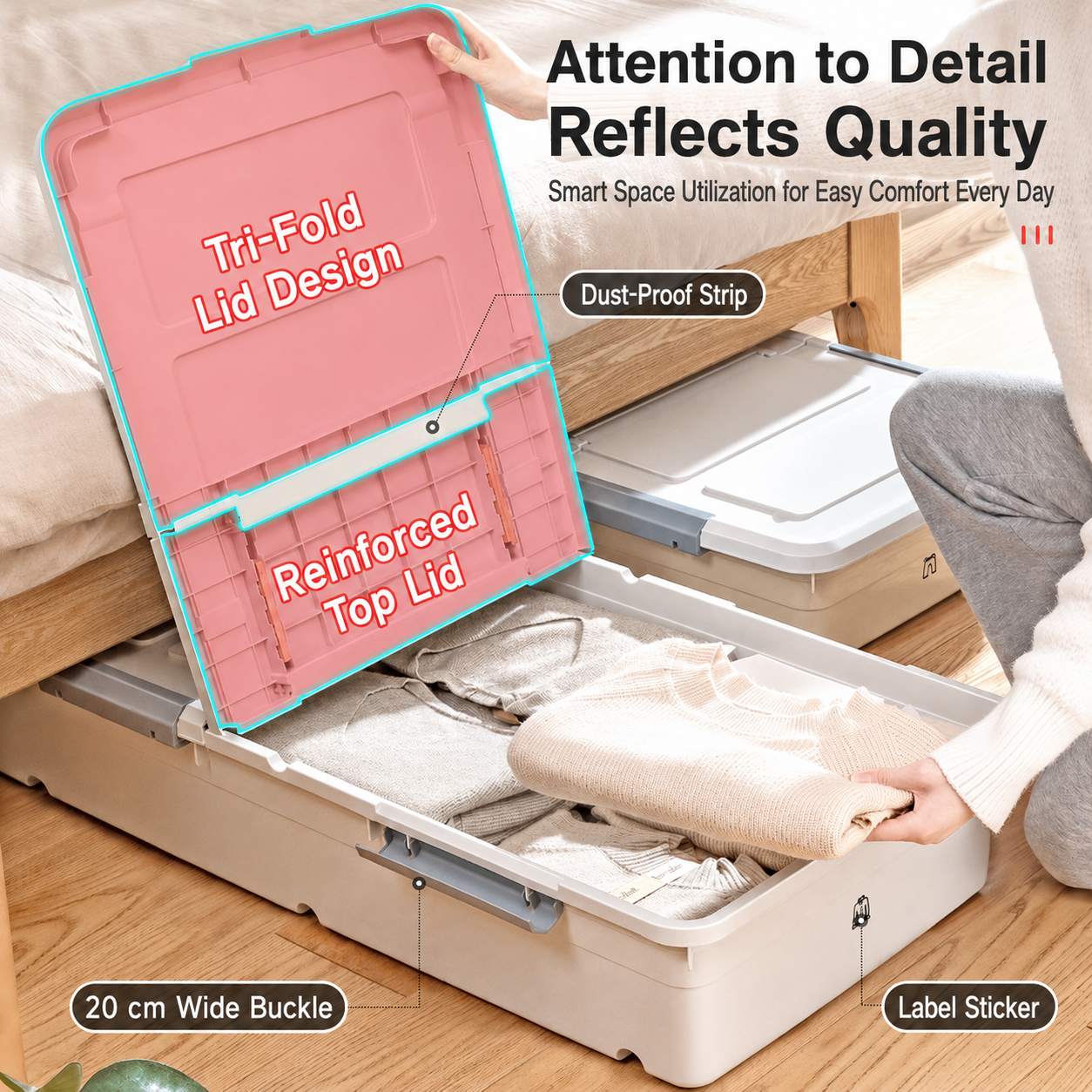 This storage box has a tri‑fold reinforced lid, dust‑proof strip, 20cm wide buckles and label stickers for easy use.