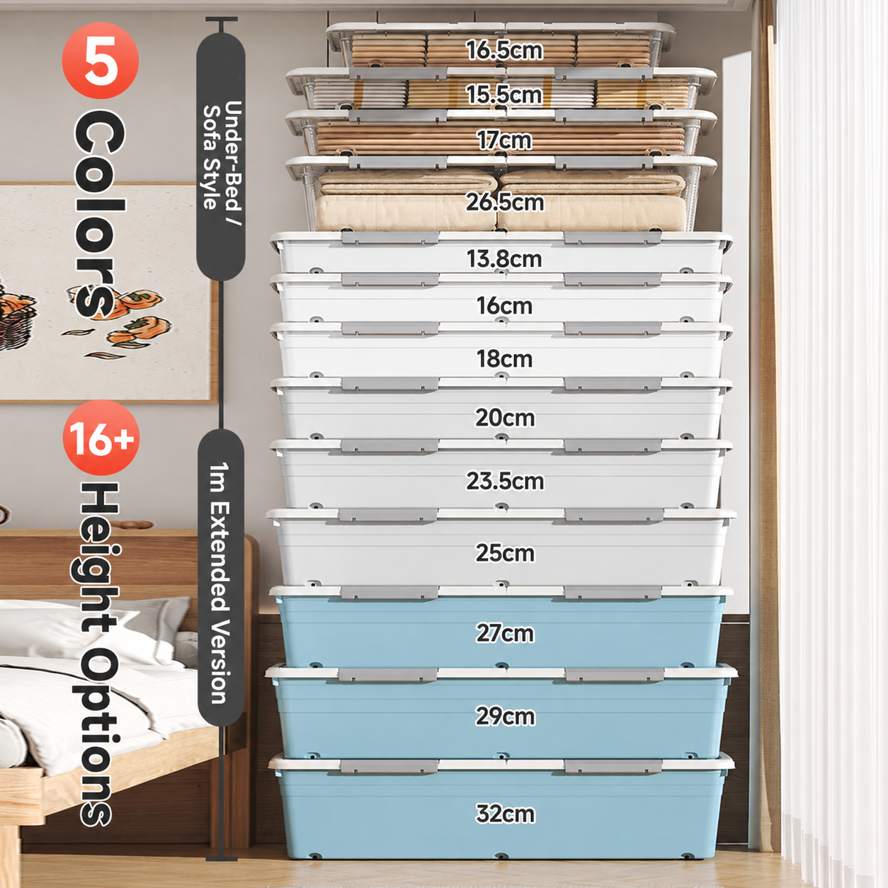This storage box comes in 5 colors and has over 16 height sizes, suitable for under‑bed or under‑sofa use.