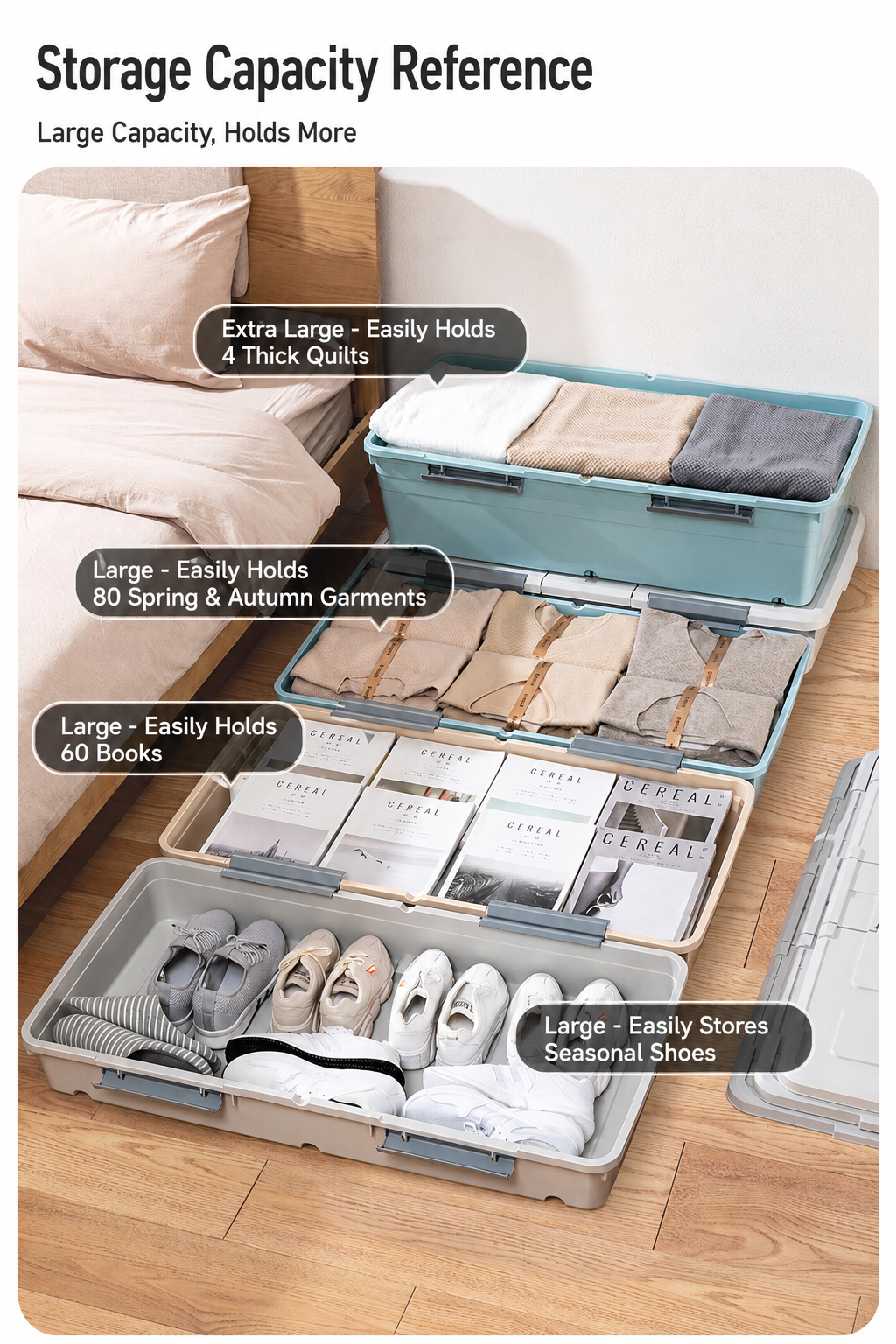This storage box has large capacity. It can hold quilts, clothes, books and shoes.