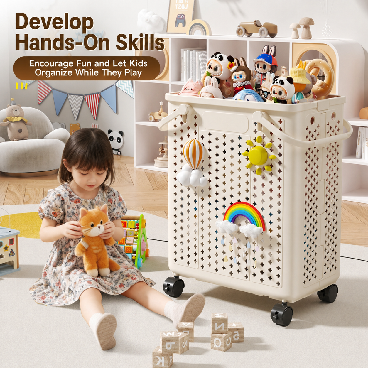 This kids‑friendly perforated toy storage bin with universal wheels helps children organize toys happily while developing their hands‑on skills.