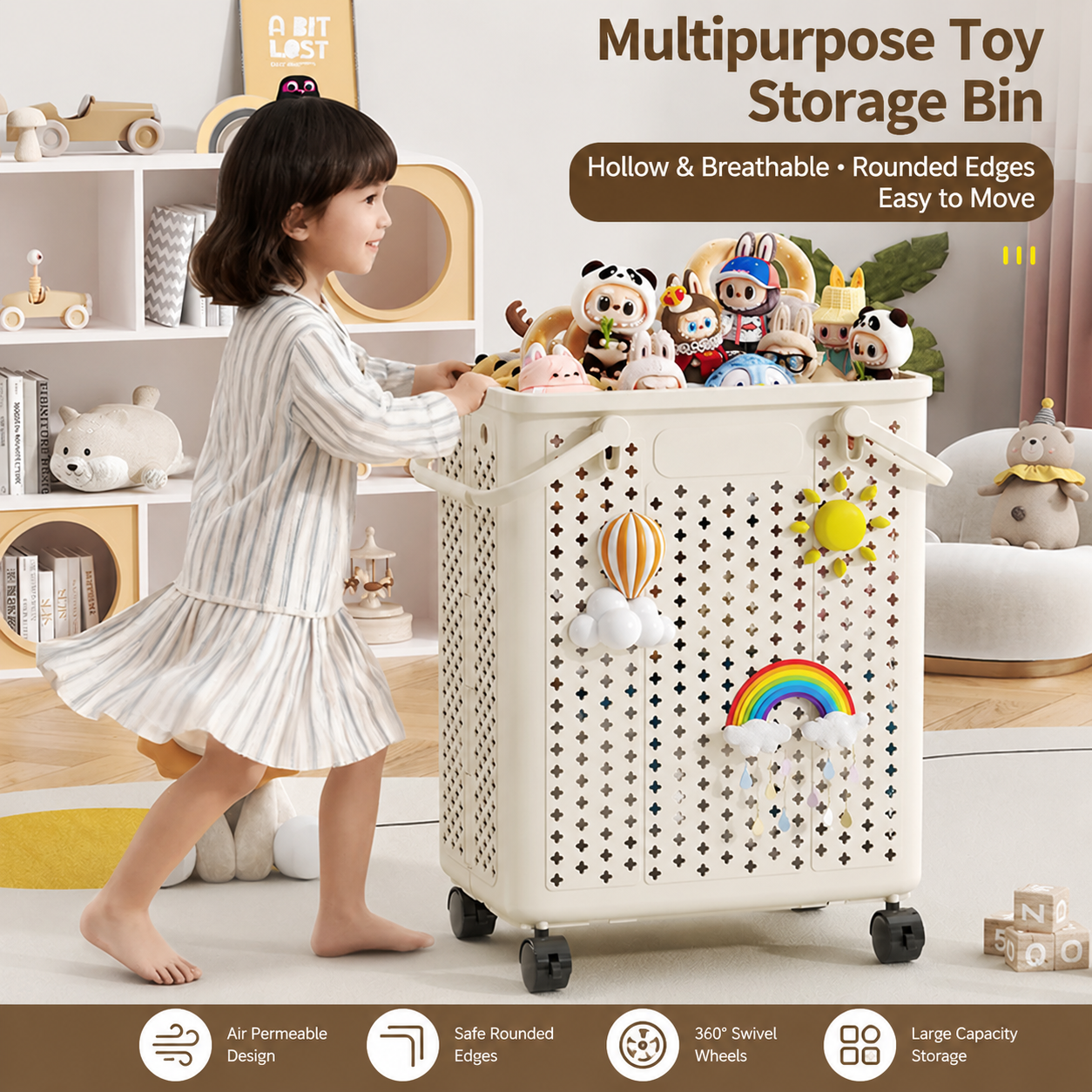 This multipurpose hollow‑breathable toy storage bin with 360° swivel wheels features safe rounded edges and large‑capacity space for easy toy organization.