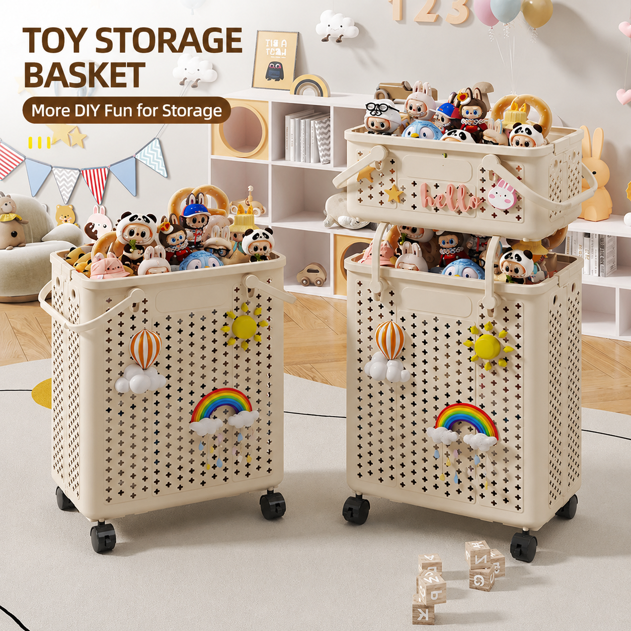 These DIY‑decoratable wheel‑equipped toy storage baskets come in stackable styles, bringing more fun to kids' toy sorting and storage.